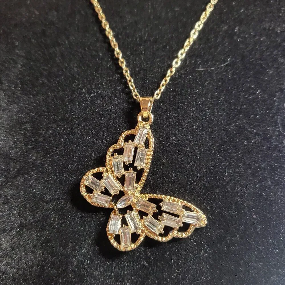 CZ Gold-tone Butterfly Pendant Necklace
